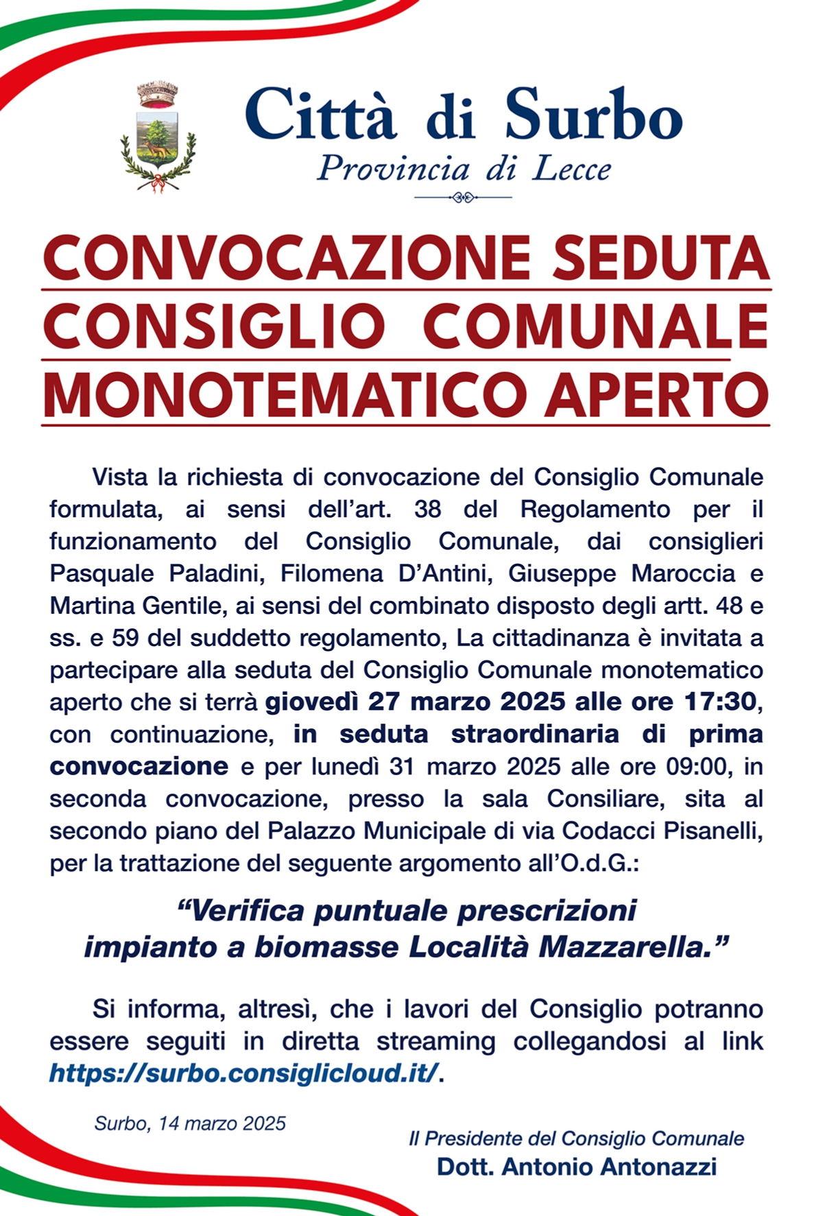 CONVOCAZIONE SEDUTA CONSIGLIO COMUNALE MONOTEMATICO APERTO